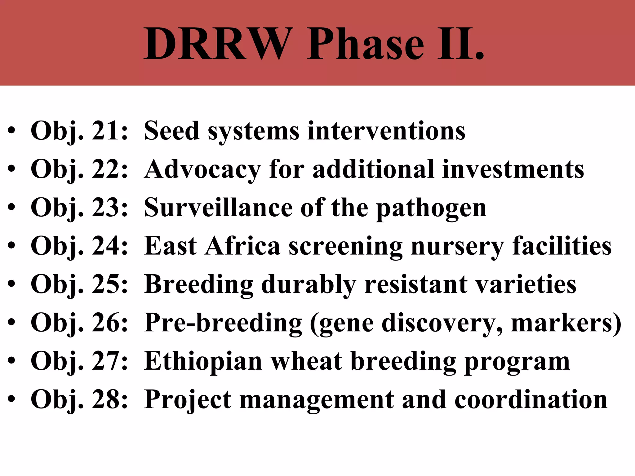 DRRW Phase II. Obj. 21:  Seed systems interventions Obj. 22:  Advocacy for additional investments Obj. 23:  Surveillance of the pathogen Obj. 24:  East Africa screening nursery facilities Obj. 25:  Breeding durably resistant varieties Obj. 26:  Pre-breeding (gene discovery, markers) Obj. 27:  Ethiopian wheat breeding program Obj. 28:  Project management and coordination 