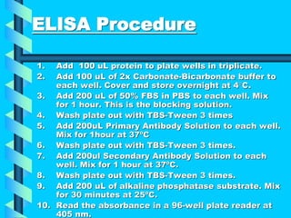 ELISA Procedure
1. Add 100 uL protein to plate wells in triplicate.
2. Add 100 uL of 2x Carbonate-Bicarbonate buffer to
each well. Cover and store overnight at 4°C.
3. Add 200 uL of 50% FBS in PBS to each well. Mix
for 1 hour. This is the blocking solution.
4. Wash plate out with TBS-Tween 3 times
5. Add 200uL Primary Antibody Solution to each well.
Mix for 1hour at 37ºC
6. Wash plate out with TBS-Tween 3 times.
7. Add 200ul Secondary Antibody Solution to each
well. Mix for 1 hour at 37ºC.
8. Wash plate out with TBS-Tween 3 times.
9. Add 200 uL of alkaline phosphatase substrate. Mix
for 30 minutes at 25ºC.
10. Read the absorbance in a 96-well plate reader at
405 nm.
 