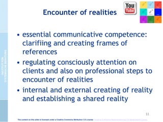 11
Encounter of realities
• essential communicative competence:
clarifiing and creating frames of
references
• regulating consciously attention on
clients and also on professional steps to
encounter of realities
• internal and external creating of reality
and establishing a shared reality
The content on this slide is licensed under a Creative Commons Attribution 3.0 License. Creative Commons Namensnennung 3.0 Deutschland Lizenz.
 