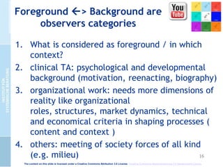 16
Foreground > Background are
observers categories
1. What is considered as foreground / in which
context?
2. clinical TA: psychological and developmental
background (motivation, reenacting, biography)
3. organizational work: needs more dimensions of
reality like organizational
roles, structures, market dynamics, technical
and economical criteria in shaping processes (
content and context )
4. others: meeting of society forces of all kind
(e.g. milieu)
The content on this slide is licensed under a Creative Commons Attribution 3.0 License. Creative Commons Namensnennung 3.0 Deutschland Lizenz.
 