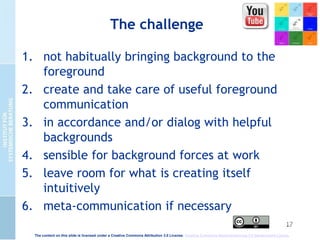 17
The challenge
1. not habitually bringing background to the
foreground
2. create and take care of useful foreground
communication
3. in accordance and/or dialog with helpful
backgrounds
4. sensible for background forces at work
5. leave room for what is creating itself
intuitively
6. meta-communication if necessary
The content on this slide is licensed under a Creative Commons Attribution 3.0 License. Creative Commons Namensnennung 3.0 Deutschland Lizenz.
 