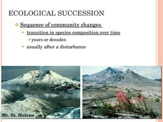 ECOLOGICAL SUCCESSION Sequence of community changes  transition in species composition over time   years or decades usually after a disturbance Mt. St. Helens 