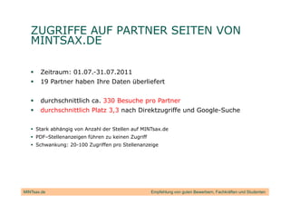 ZUGRIFFE AUF PARTNER SEITEN VON
   MINTSAX.DE

       Zeitraum: 01.07.-31.07.2011
       19 Partner haben Ihre Daten überliefert


       durchschnittlich ca. 330 Besuche pro Partner
       durchschnittlich Platz 3,3 nach Direktzugriffe und Google-Suche

     Stark abhängig von Anzahl der Stellen auf MINTsax.de
     PDF–Stellenanzeigen führen zu keinen Zugriff
     Schwankung: 20-100 Zugriffen pro Stellenanzeige




MINTsax.de                                          Empfehlung von guten Bewerbern, Fachkräften und Studenten
 