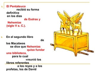 5. El Pentateuco 
recibió su forma 
definitiva 
en los días 
de Esdras y 
Nehemías 
(siglo V a. C.). 
6. En el segundo libro 
de 
los Macabeos 
se dice que Nehemías 
quiso fundar 
una biblioteca, 
para lo cual 
«reunió los 
libros referentes 
a los reyes y a los 
profetas, los de David 
y las 
 