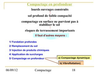 Compactage en profondeur
                   lourds ouvrages construits
                                 
                 sol profond de faible compacité
                                       
            compactage en surface ne parvient pas à
                       stabiliser le sol
                                       
               risques de terrassement importants
                        Il faut d’autres moyens :

  1/ Fondation profondes
  2/ Remplacement du sol
  3/ Injection de produits chimiques
  4/ Application de surcharges
  5/ Compactage en profondeur              a) Compactage dynamique
                                           a) Compactage dynamique

                                            b) Vibroflottation)
                                            b) Vibroflottation)

06/09/12               Compactage                      18
 