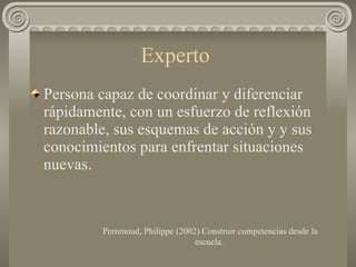 Experto  Persona capaz de coordinar y diferenciar rápidamente, con un esfuerzo de reflexión razonable, sus esquemas de acción y y sus conocimientos para enfrentar situaciones nuevas. Perrenoud, Philippe (2002) Construir competencias desde la escuela.  