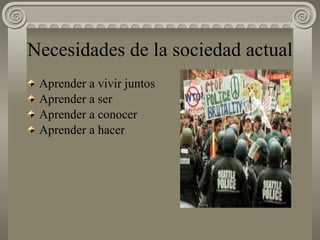 Necesidades de la sociedad actual Aprender a vivir juntos Aprender a ser Aprender a conocer Aprender a hacer 