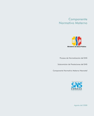 Componente
      Normativo Materno




       Proceso de Normatización del SNS


     Subcomisión de Prestaciones del SNS


Componente Normativo Materno Neonatal




                        Agosto del 2008
 