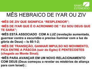 MÊS HEBRAICO DE IYAR OU ZIV
•MÊS DE ZIV QUE SIGNIFICA “RESPLENDOR”;
•MÊS DE IYAR QUE É O ACRONIMO DE “ EU SOU DEUS QUE
TE SARA”;
•MÊS ESTÁ ASSOCIADO COM A LUZ (revelação aumentada,
guerrear contra a escuridão e precisa iluminar com a luz da
glória de Deus) – Is 60:1-2;
•MÊS DE TRANSIÇÃO, GANHAR IMPULSO NO MOVIMENTO,
FICA ENTRE A PÁSCOA (sair do Egito) E PENTECOSTES
(chegada ao Monte Sinai);
•MÊS PARA AVANÇAR EM UM NOVO RELACIONAMENTO
COM DEUS (Deus começou a revelar os mistérios de aliança
para com Israel) ;
 