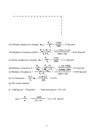 2400
29 x 10-4
σ
ε
0.7x 100
200
∆Lf
Lо
%
Aо
x Lо
⅔ Pmax
x ∆Lmax
1000 x 200
⅔ x 27000 x 0.7
Pmax
Aо
27000
1000
εp.l
σp.l
∆Lp.l
x Aо
Pp.l
x Lо
0.365 x 1000
17500x 200
Pp.l
Aо
17500
1000
Aо
x Lо
½Pp.l
x ∆Lp.l
1000 x 200
½ x 17500 x 0.365
(a) Ultimate compressive strength σmax = = = 27 Kg/mm2
(b) Modulus of resilience (M.R.) = = = 0.016 Kg/mm2
(c) Elastic compressive strength σP.l = = = 17.5 Kg/mm2
(d) Modulus of elasticity E = = = = 9.6 ton/mm2
(e) Modulus of toughness = = = 0.063 Kg/mm2
(f) % Contraction = = = 0.35%
(g) The secant modulus
σ = 2400 kg/cm2
= 24 kg/mm2
From drawing (ε) = 29 x 10-4
tan α = = = 8.3 x 105
Kg/cm2
13
 