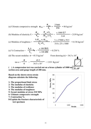 Pmax
Aо
27000
314
εp.l
σp.l
∆Lp.l
x Aо
Pp.l
x Lо
2.64
5.7x 1000
45.5
34.5 x 10-3
σ
ε
59.5x 100
250x 100
∆Lf
Lо
%
Aо
x Lо
⅔ Pmax
x ∆Lmax
314 x 25 x 1000
⅔ x 27000 x 59.5
(a) Ultimate compressive strength σmax = = = 86 kg/cm2
(b) Modulus of elasticity E = = = = 2159 kg/cm2
(c) Modulus of toughness = = = 0.136 kg/cm2
(e) % Contraction = = = 0.238 %
(d) The secant modulus σ = 45.5 kg/cm2
From drawing (ε) = 34.5 x 10-3
tan α = = = 1319 Kg/cm2
( ) A compression test was carried out on a brass cylinder of 1000 mm2
cross
section area and gauge length of 200 mm.
Based on the shown stress-strain
diagram calculate the following:
1- The proportional limit stress
2- The modulus of elasticity
3- The modulus of resilience
4- The modulus of toughness
5- Secant modulus at stress 210 MPa
6- Ultimate compressive strength
7- Contraction %
8-Explain the fracture characteristic of
test specimen
15
55 - 60°
0
50
100
150
200
250
300
0 0.002 0.004
Stress,MPa
Strain
 