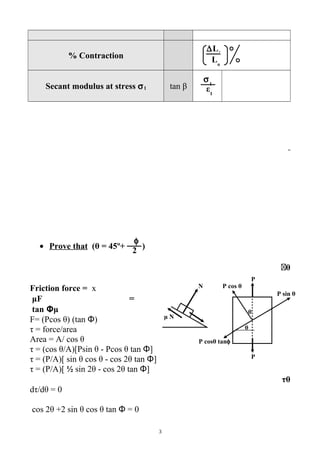 ∆Lf
Lо
ε1
σ1
2
φ
% Contraction
tan βSecant modulus at stress σ1
• Prove that (θ = 45º+ )
θ
Friction force = x
=μF
μtan Φ
F= (Pcos θ) (tan Φ)
τ = force/area
Area = A/ cos θ
τ = (cos θ/A)[Psin θ - Pcos θ tan Φ]
τ = (P/A)[ sin θ cos θ - cos 2θ tan Φ]
τ = (P/A)[ ½ sin 2θ - cos 2θ tan Φ]
θτ
dτ/dθ = 0
cos 2θ +2 sin θ cos θ tan Φ = 0
3
N
μ N
θ
θ
P
P
P sin θ
P cosθ tanφ
P cos θ
 