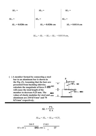 ΔL1 =
ΔL1 =
ΔL2 =
ΔL2 =
ΔL3 =
ΔL3 =
ΔL1 = 0.0286 cm ΔL2 = 0.0286 cm ΔL3 = 0.0114 cm
ΔLtot = ΔL1 + ΔL3 – ΔL2 = 0.0114 cm
( ) A member formed by connecting a steel
bar to an aluminum bar is shown in
the Fig. (3). Assuming that the bars are
presented from buckling sidewise,
calculate the magnitude of force P that
will cause the total length of the
member to decrease 0.25 mm. The
values of elastic modulus for steel and
aluminum are 210 KN/mm2
and 70
KN/mm2
respectively.
ΔL =
ΔLtot = ΔLs + ΔLAl = 0.25
6
P L
E A
300 P
21005 x 05 x
P 083
07001 x 001 x
rab munimulA
001001 x
rab leetS
0505 x
P
083
mm
mm 003
 