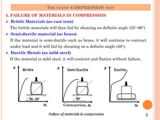  Brittle Materials (as cast iron)
The brittle materials will then fail by shearing on definite angle (55-60)
 Semi-ductile material (as brass)
If the material is semi-ductile such as brass, it will continue to contract
under load and it will fail by shearing on a definite angle (50).
 Ductile Metals (as mild steel)
If the material is mild steel, it will contract and flatten without failure.
THE STATIC COMPRESSION TEST
5. FAILURE OF MATERIALS IN COMPRESSION
9
Contraction,
 