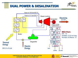 0,22 bar 62ºC MED Plant   PR : 10 Distilled: 0,25 hm 3 /day Number of effects: 12 260 t/h of coal 633 MW Boiler Generator Degasifier Steam turbine Vapor at 100 bar/450 ºC Vapor at 17 bar/225 ºC G Electricity 50 mbar 35ºC Distilled Sea water Brine Thermal  Energy Electric Energy DUAL POWER & DESALINATION Vapor at 63ºC 