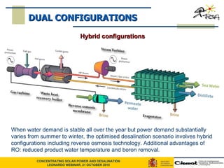 When water demand is stable all over the year but power demand substantially varies from summer to winter, the optimised desalination scenario involves hybrid configurations including reverse osmosis technology. Additional advantages of RO: reduced product water temperature and boron removal. Hybrid configurations DUAL CONFIGURATIONS 