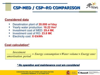 CSP-MED / CSP–RO COMPARISON Considered data Desalination plant of  28.000 m 3 /day Yearly water production:  10.22 Hm 3 Investment cost of MED:  29.4 M€  Investment cost of RO:  23.8 M€ Electricity cost:  X €/kWh * No operation and maintenance cost are considered Cost calculation* 