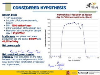 Design point : 12 th  September Location: Palomares (Almeria, Spain) DNI:  1990 kWh/m 2  year 24 hr operation at the design day Radiation at solar noon of design day =  915,9 W/m 2 In all cases , net power and water  production are the same:  50 MW  and  46,615 m3/day Net power cycle : Net combined power + water efficiency  was calculated as the ratio between net produced power and total solar power input (preheater, evaporator and superheater):  Normal direct radiation at design day in Palomares (Almería, Spain) CONSIDERED HYPOTHESIS 