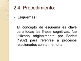 2.4. Procedimiento:
 Esquemas:
El concepto de esquema es clave
para todas las líneas cognitivas, fue
utilizado originalmente por Barlett
(1932) para referirse a procesos
relacionados con la memoria.
 