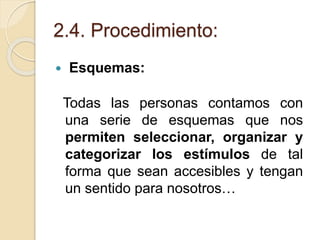 2.4. Procedimiento:
 Esquemas:
Todas las personas contamos con
una serie de esquemas que nos
permiten seleccionar, organizar y
categorizar los estímulos de tal
forma que sean accesibles y tengan
un sentido para nosotros…
 