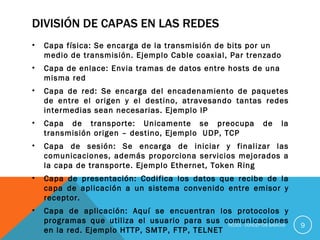 DIVISIÓN DE CAPAS EN LAS REDES Capa física: Se encarga de la transmisión de bits por un medio de transmisión. Ejemplo Cable coaxial, Par trenzado Capa de enlace: Envia tramas de datos entre hosts de una misma red Capa de red: Se encarga del encadenamiento de paquetes de entre el origen y el destino, atravesando tantas redes intermedias sean necesarias. Ejemplo IP Capa de transporte: Unicamente se preocupa de la transmisión origen – destino, Ejemplo  UDP, TCP Capa de sesión: Se encarga de iniciar y finalizar las comunicaciones, además proporciona servicios mejorados a la capa de transporte. Ejemplo Ethernet, Token Ring Capa de presentación: Codifica los datos que recibe de la capa de aplicación a un sistema convenido entre emisor y receptor. Capa de aplicación: Aquí se encuentran los protocolos y programas que utiliza el usuario para sus comunicaciones en la red. Ejemplo HTTP, SMTP, FTP, TELNET REDES - CONCEPTOS BASICOS 