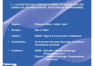 3 – LA FIXATION DES CÂBLES À FIBRES OPTIQUES SUR LES
    LIGNES DE DISTRIBUTION BT, TELECOM OU FERROVIAIRES




•   Appuis :         Poteaux béton / métal / bois

•   Portées :        30m à 100m

•   Câbles :         ADSS / Figure 8 avec porteur métallique

•   Contraintes :    3x la tension de pose dans des conditions
                     climatiques standard

•   Fixations :      ADSS : Spiralés / Pinces d’ancrage
                            Suspensions en J
                     Figure 8 : Pinces d’ancrage / Suspensions
                                articulées
 