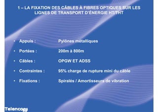 1 – LA FIXATION DES CÂBLES À FIBRES OPTIQUES SUR LES
             LIGNES DE TRANSPORT D’ÉNERGIE HT/THT




•   Appuis :         Pylônes métalliques

•   Portées :        200m à 800m

•   Câbles :         OPGW ET ADSS

•   Contraintes :    95% charge de rupture mini du câble

•   Fixations :      Spiralés / Amortisseurs de vibration
 