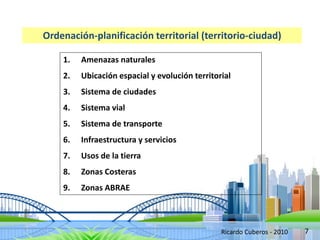 7
Ordenación-planificación territorial (territorio-ciudad)
1. Amenazas naturales
2. Ubicación espacial y evolución territorial
3. Sistema de ciudades
4. Sistema vial
5. Sistema de transporte
6. Infraestructura y servicios
7. Usos de la tierra
8. Zonas Costeras
9. Zonas ABRAE
Ricardo Cuberos - 2010
 