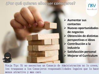 19
¿Necesidad de Consejo de Administración o Consejo Asesor?
La constitución de la empresa obliga legalmente,
los socios obligan legal y moralmente. NKY
Y… ¿Cuándo introducir el Consejo de
Administración o Asesor?
1ª Fase
Modelo Lean StartUp
Steve Blank:
“No es realmente una
empresa”
2ª Fase
Comenzamos la
“Empresa”
Primer soci@
Código Ético y Buen
Gobierno
3ª Fase
Fabricamos Crecimiento
Exposición Financiera
Buen Gobierno y
Responsabilidad Social
 
