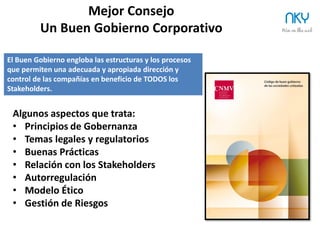 44 NKY
Ejemplo Orden del Día del Consejo
Orden del Día:
ü  Aprobación y firma del acta de la
reunión anterior.
ü  Decisiones pospuestas.
ü  Presentación de los miembros.
ü  Consideraciones generales
(balance, beneficios,…).
ü  Exposición del tema particular.
ü  Período de discusión.
ü  Propuestas/opciones/vías de
actuación…
ü  Resumen y conclusiones.
Ninja Tip:
¡Cuidado con las sorpresas! Los temas importantes hay que
prepararlos con antelación.
 