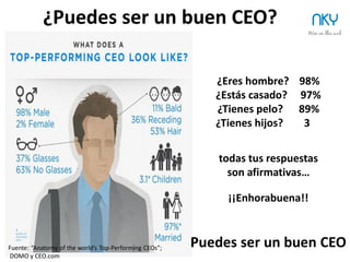 5
Si todas tus respuestas
son afirmativas…
¡¡Enhorabuena!!
¿Eres hombre? 98%
¿Estás casado? 97%
¿Tienes pelo? 89%
¿Tienes hijos? 3
¿Eres un buen CEO para tu StartUp?
NKY
Puedes ser
un buen CEO
 