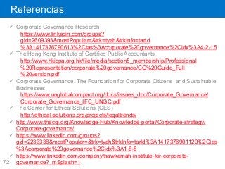 72
Referencias
ü  Corporate Governance Research
https://www.linkedin.com/groups?
gid=2609393&mostPopular=&trk=tyah&trkInfo=tarId
%3A1417376790613%2Ctas%3Acorporate%20governance%2Cidx%3A4-2-15
ü  The Hong Kong Institute of Certified Public Accountants
http://www.hkicpa.org.hk/file/media/section5_membership/Professional
%20Representation/corporate%20governance/CG%20Guide_Full
%20version.pdf
ü  Corporate Governance. The Foundation for Corporate Citizens and Sustainable
Businesses
https://www.unglobalcompact.org/docs/issues_doc/Corporate_Governance/
Corporate_Governance_IFC_UNGC.pdf
ü  The Center for Ethical Solutions (CES)
http://ethical-solutions.org/projects/legaltrends/
ü  http://www.thecqi.org/Knowledge-Hub/Knowledge-portal/Corporate-strategy/
Corporate-governance/
ü  https://www.linkedin.com/groups?
gid=2233338&mostPopular=&trk=tyah&trkInfo=tarId%3A1417376901120%2Ctas
%3Acorporate%20governance%2Cidx%3A1-8-8
ü  https://www.linkedin.com/company/hawkamah-institute-for-corporate-
governance?_mSplash=1
 