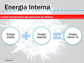 Daniela Pinto
Energia
cinética
Energia
potencial
Energia
Interna - Ei
4
A nível microscópico das partículas do sistema:
 