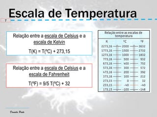 Daniela Pinto
Relação entre a escala de Celsius e a
escala de Kelvin
T(K) = T(ºC) + 273,15
Relação entre a escala de Celsius e a
escala de Fahrenheit
T(ºF) = 9/5 T(ºC) + 32
7
 