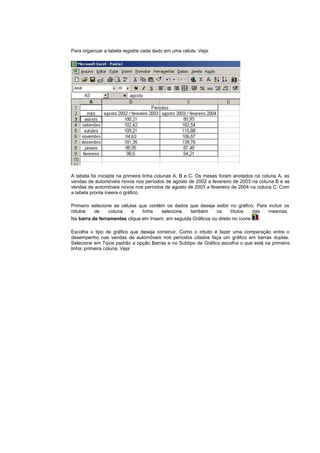 Para organizar a tabela registre cada dado em uma célula. Veja:




A tabela foi iniciada na primeira linha colunas A, B e C. Os meses foram anotados na coluna A, as
vendas de automóveis novos nos períodos de agosto de 2002 a fevereiro de 2003 na coluna B e as
vendas de automóveis novos nos períodos de agosto de 2003 a fevereiro de 2004 na coluna C. Com
a tabela pronta insera o gráfico.

Primeiro selecione as células que contêm os dados que deseja exibir no gráfico. Para incluir os
rótulos   de     coluna    e   linha   selecione  também     os     títulos   das    mesmas.
Na barra de ferramentas clique em Inserir, em seguida Gráficos ou direto no ícone   .

Escolha o tipo de gráfico que deseja construir. Como o intuito é fazer uma comparação entre o
desempenho nas vendas de automóveis nos períodos citados faça um gráfico em barras duplas.
Selecione em Tipos padrão a opção Barras e no Subtipo de Gráfico escolha o que está na primeira
linha; primeira coluna. Veja:
 