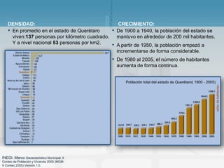 DENSIDAD:  CRECIMIENTO: <ul><li>En promedio en el estado de Querétaro viven: 137  personas por kilómetro cuadrado. Y a niv...