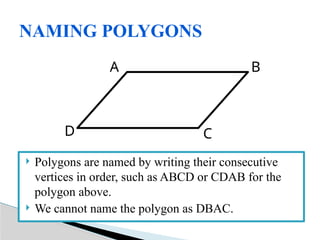  Polygons are named by writing their consecutive
vertices in order, such as ABCD or CDAB for the
polygon above.
 We cannot name the polygon as DBAC.
NAMING POLYGONS
B
A
C
D
 