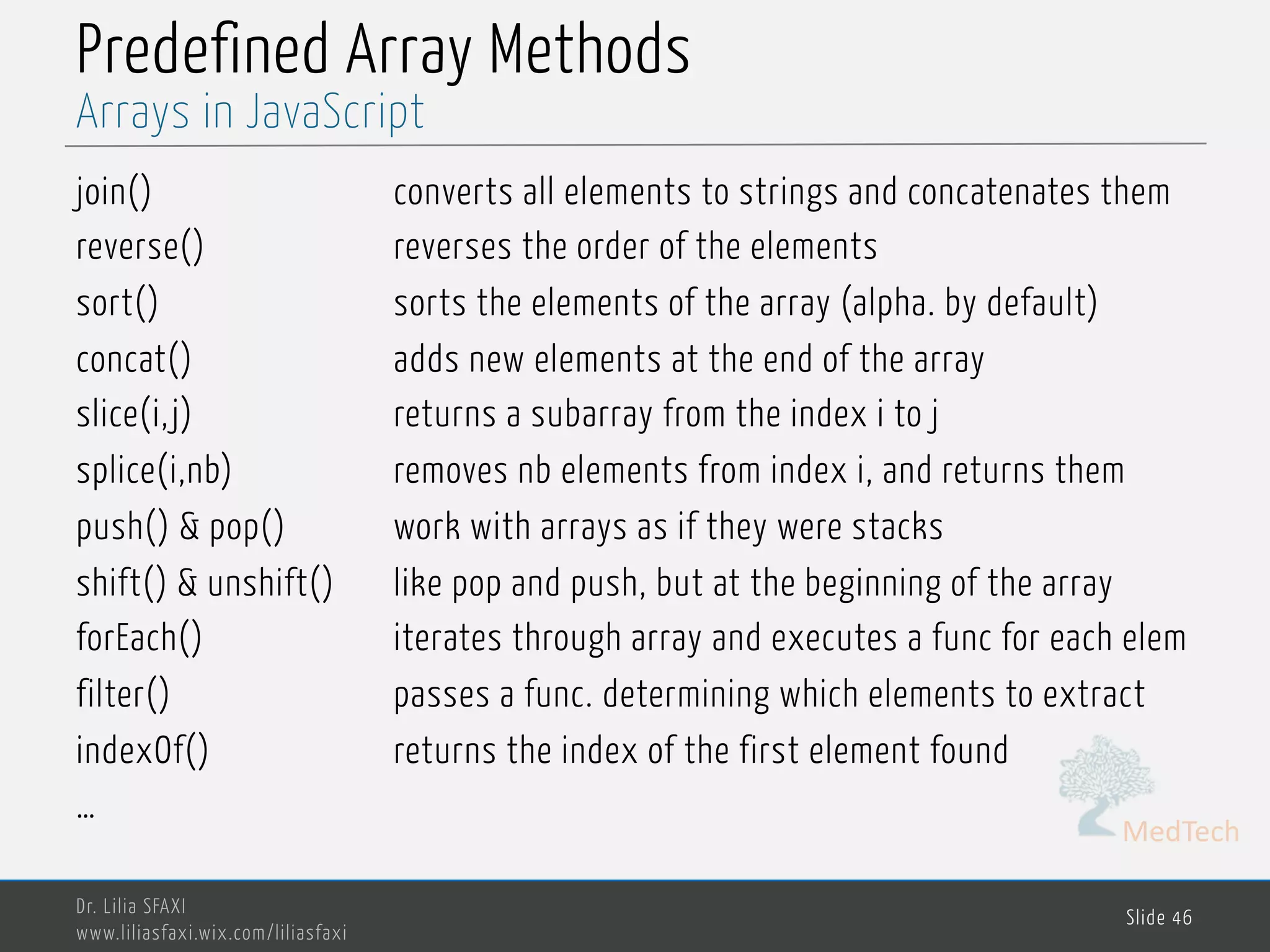 MedTech Predefined Array Methods join() converts all elements to strings and concatenates them reverse() reverses the order of the elements sort() sorts the elements of the array (alpha. by default) concat() adds new elements at the end of the array slice(i,j) returns a subarray from the index i to j splice(i,nb) removes nb elements from index i, and returns them push() & pop() work with arrays as if they were stacks shift() & unshift() like pop and push, but at the beginning of the array forEach() iterates through array and executes a func for each elem filter() passes a func. determining which elements to extract indexOf() returns the index of the first element found … Dr. Lilia SFAXI www.liliasfaxi.wix.com/liliasfaxi Slide 46 Arrays in JavaScript 
