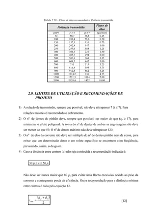 Tabela 2.10 – Fluxo de óleo recomendado x Potência transmitida
Potência transmitida
Fluxo de
óleo
[HP] [CV] [kW] [gal/min]
50 50,7 36,8 0.25
100 101,4 73,6 0.50
150 152,1 110 0.75
200 202,8 147 1.00
250 253,6 184 1.25
300 304,3 221 1.50
400 405,7 294 2.00
500 507,1 368 2.25
600 608,5 442 3.00
700 710 515 3.25
800 811,4 589 3.75
900 912,8 662 4.25
1000 1014,2 736 4.75
1500 1521,3 1014 7.00
2000 2028,4 1472 10.00
2.9. LIMITES DE UTILIZAÇÃO E RECOMENDAÇÕES DE
PROJETO
1) A relação de transmissão, sempre que possível, não deve ultrapassar 7 (i  7). Para
relações maiores é recomendado o dobramento.
2) O no
de dentes do pinhão deve, sempre que possível, ser maior do que (zp  17), para
minimizar o efeito poligonal. A soma do no
de dentes de ambas as engrenagens não deve
ser menor do que 50. O no
de dentes máximo não deve ultrapassar 120.
3) O no
de elos da corrente não deve ser múltiplo do no
de dentes pinhão nem da coroa, para
evitar que um determinado dente e um rolete específico se encontrem com freqüência,
prevenindo, assim, o desgaste.
4) Caso a distância entre centros (c) não seja conhecida a recomendação indicada é:
.30 p  c  50 p.
Não deve ser nunca maior que 80 p, para evitar uma flecha excessiva devido ao peso da
corrente e consequente perda de eficiência. Outra recomendação para a distância mínima
entre centros é dada pela equação 12.
 
2
min
cp dd
c

 [12]
 