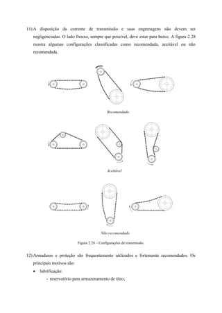 11) A disposição da corrente de transmissão e suas engrenagens não devem ser
negligenciadas. O lado frouxo, sempre que possível, deve estar para baixo. A figura 2.28
mostra algumas configurações classificadas como recomendada, aceitável ou não
recomendada.
Figura 2.28 – Configurações de transmissão.
12) Armaduras e proteção são frequentemente utilizados e fortemente recomendados. Os
principais motivos são:
 lubrificação:
- reservatório para armazenamento de óleo;
Recomendado
Aceitável
Não recomendado
 