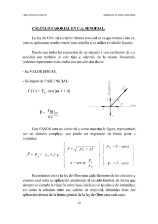 CIRCUITOS ELÉCTRICOS CORRIENTE ALTERNA SENOIDAL
10
CÁLCULO FASORIAL EN C.A. SENOIDAL.
La ley de Ohm en corriente alterna senoidal es la que hemos visto ya,
pero su aplicación resulta mucho más sencilla si se utiliza el cálculo fasorial.
Puesto que todas las respuestas de un circuito a una excitación de c.a.
senoidal son también de este tipo y, además, de la misma frecuencia,
podemos representar estas ondas con tan sólo dos datos:
- Su VALOR EFICAZ.
- Su ángulo de FASE INICIAL.
Este FASOR será un vector tal y como muestra la figura, representado
por un número complejo, que puede ser expresado en forma polar o
binómica:
Recordemos ahora la ley de Ohm para cada elemento de los circuitos y
veamos cual sería su aplicación atendiendo al cálculo fasorial, de forma que
siempre se cumpla la relación entre fases iniciales de tensión y de intensidad,
así como la relación entre sus valores de amplitud, obtenidas éstas por
aplicación directa de la forma general de la ley de Ohm para cada caso.
α
2
Fm=F
α)+t(ωsenF=)t(f m
r
⋅⋅














⋅
⋅
















⋅
senα= FF
α= FF
F
Fα = arc tg
F+FF =
F+ jF== FF
I
R
R
I
IR
IRα
cos22
r
 