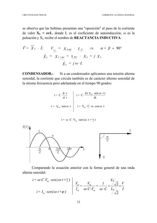 CIRCUITOS ELÉCTRICOS CORRIENTE ALTERNA SENOIDAL
12
se observa que las bobinas presentan una "oposición" al paso de la corriente
de valor XL = ω·L, donde L es el coeficiente de autoinducción, ω es la
pulsación y XL recibe el nombre de REACTANCIA INDUCTIVA.
L= j ωX
X= jX=X=X
= βIX=V;IX=V
L
LLºL ºL
βL ºα
L
⋅
⋅
°+⇒⋅⋅
r
r
rr
1
90
9090
90 α
CONDENSADOR.- Si a un condensador aplicamos una tensión alterna
senoidal, la corriente que circula también es de carácter alterno senoidal de
la misma frecuencia pero adelantada en el tiempo 90 grados:
Comparando la ecuación anterior con la forma general de una onda
alterna senoidal:
I
V
I
V
C
1
=
VC
V
=
I
V
)+t(senI=i
+t(senVC=i
m
m
m
m
m
m
m
2m
==
⋅⋅⋅




⋅⋅
⋅⋅⋅⋅
2
2
)
ωω
ϕω
ωω π
)+t(ωsenVCω=i
tωcosωCV=i
dt
)tωsenV(d
C=i
tωsenV=v
td
vd
C=i
2
π
m
m
m
m
⋅⋅⋅⋅
⋅⋅⋅⋅
⋅⋅
⋅







⋅⋅
⋅
 