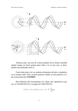 CIRCUITOS ELÉCTRICOS CORRIENTE ALTERNA SENOIDAL
5
Tenemos, pues, una serie de vectores girando con la misma velocidad
angular aunque no tienen porque pasar todos a la vez por cero, es decir,
pueden estar desfasados entre sí.
Como todos giran a la vez, podemos abstraernos del giro y estudiarlos
en un instante dado. Estos vectores giratorios fijados en una posición es lo
que conoceremos por FASORES.
Para definirlos sólo necesitaremos sus valores más significativos que
son: su VALOR EFICAZ y su ángulo de FASE INICIAL.
ααωω |
2
m
m
F
F)+t(senF=)t(f =⇔⋅⋅⋅
r
 