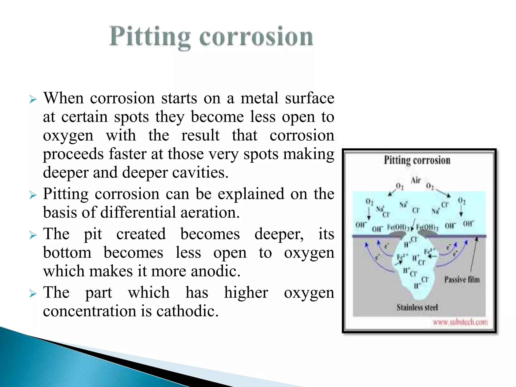  When corrosion starts on a metal surface
at certain spots they become less open to
oxygen with the result that corrosion
proceeds faster at those very spots making
deeper and deeper cavities.
 Pitting corrosion can be explained on the
basis of differential aeration.
 The pit created becomes deeper, its
bottom becomes less open to oxygen
which makes it more anodic.
 The part which has higher oxygen
concentration is cathodic.
 