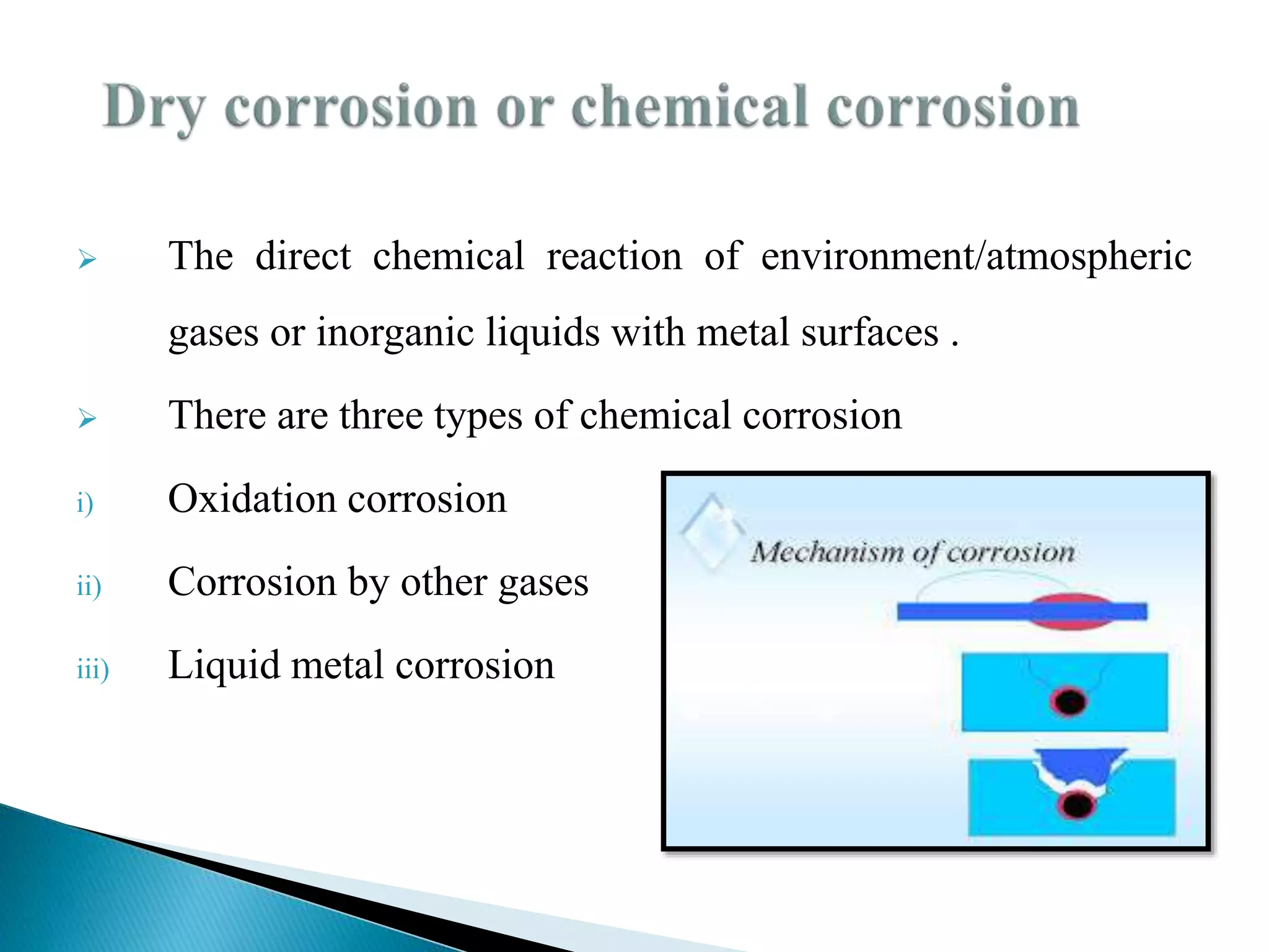  The direct chemical reaction of environment/atmospheric
gases or inorganic liquids with metal surfaces .
 There are three types of chemical corrosion
i) Oxidation corrosion
ii) Corrosion by other gases
iii) Liquid metal corrosion
 