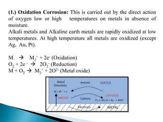 (1.) Oxidation Corrosion: This is carried out by the direct action
of oxygen low or high temperatures on metals in absence of
moisture.
Alkali metals and Alkaline earth metals are rapidly oxidized at low
temperatures. At high temperature all metals are oxidized (except
Ag, Au, Pt).
M  M2
+ + 2e- (Oxidation)
O2 + 2e -  2O2
- (Reduction)
M + O2  M2
+ + 2O2- (Metal oxide)
 
