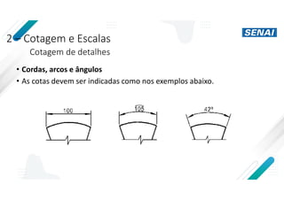 2 – Cotagem e Escalas
Cotagem de detalhes
• Cordas, arcos e ângulos
• As cotas devem ser indicadas como nos exemplos abaixo.
 