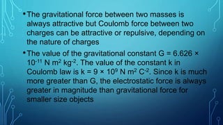 •The gravitational force between two masses is
always attractive but Coulomb force between two
charges can be attractive or repulsive, depending on
the nature of charges
•The value of the gravitational constant G = 6.626 ×
10-11 N m2 kg-2. The value of the constant k in
Coulomb law is k = 9 × 109 N m2 C-2. Since k is much
more greater than G, the electrostatic force is always
greater in magnitude than gravitational force for
smaller size objects
 