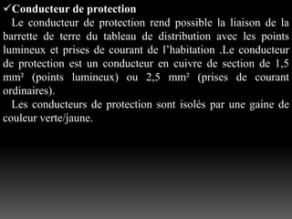 Conducteur de protection
Le conducteur de protection rend possible la liaison de la
barrette de terre du tableau de distribution avec les points
lumineux et prises de courant de l’habitation .Le conducteur
de protection est un conducteur en cuivre de section de 1,5
mm² (points lumineux) ou 2,5 mm² (prises de courant
ordinaires).
Les conducteurs de protection sont isolés par une gaine de
couleur verte/jaune.
 