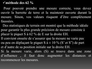 méthode des 62 %
Pour pouvoir prendre une mesure correcte, vous devez
ouvrir la barrette de terre et la maintenir ouverte durant la
mesure. Sinon, vos valeurs risquent d’être complètement
faussées.
Des statistiques de terrain ont montré que la méthode idéale
pour garantir la plus grande précision de mesure consiste à
placer le piquet S à 62 % de E sur la droite EH.
Il convient ensuite de s’assurer que la mesure ne varie pas
ou peu en déplaçant le piquet S à ± 10 % (S’ et S”) de part
et d’autre de sa position initiale sur la droite EH.
Si la mesure varie, alors (S) se trouve dans une zone
d’influence , il faut donc augmenter les distances et
recommencer les mesures.
 